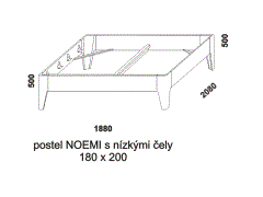 Postel Noemi z masivu – rozměrový nákres. S nízkými čely. Provedení: dub nature. Více barevných odstínů. Česká výroba.