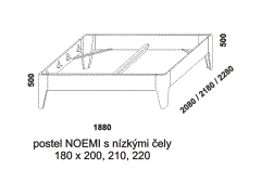 Postel Noemi z masivu – rozměrový nákres. S nízkými čely. Provedení: masivní buk, dub. Více barevných odstínů. Česká výroba.