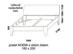 Postel Noemi z masivu - rozměrový nákres. Čelo oblé. Provedení: dub nature. Více barevných odstínů. Česká výroba.