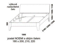 Postel Noemi z masivu – rozměrový nákres. Čelo oblé. Provedení: masivní buk, dub. Více barevných odstínů. Česká výroba.