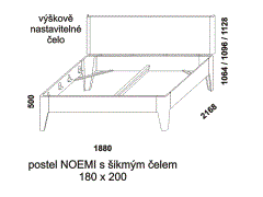 Postel Noemi z masivu - rozměrový nákres. Čelo šikmé. Provedení: dub nature. Více barevných odstínů. Česká výroba.