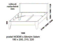 Postel Noemi z masivu - rozměrový nákres. Čelo šikmé. Provedení: masivní buk, dub. Více barevných odstínů. Česká výroba. 