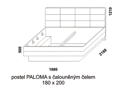 Postel Paloma z masivu – rozměrový nákres. Čalouněné čelo vysoké. Provedení: masivní buk, dub. Více barevných odstínů. Česká výroba.