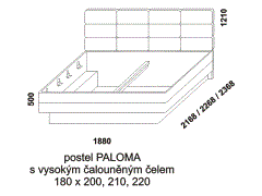 Postel Paloma z masivu – rozměrový nákres. Čalouněné čelo vysoké. Provedení: masivní buk, dub. Více barevných odstínů. Česká výroba.