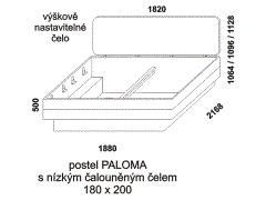 Postel Paloma z masivu – rozměrový nákres. Čalouněné čelo nízké. Provedení: masivní buk, dub. Více barevných odstínů. Česká výroba.