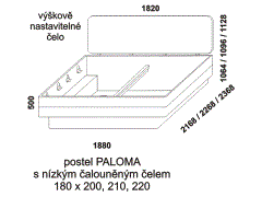 Postel Paloma z masivu - rozměrový nákres. Čalouněné čelo nízké. Provedení: masivní buk, dub. Více barevných odstínů. Česká výroba.