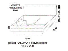 Postel Paloma z masivu – rozměrový nákres. Oblé čelo. Provedení: masivní buk, dub. Více barevných odstínů. Česká výroba.