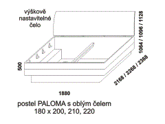 Postel Paloma z masivu - rozměrový nákres. Oblé čelo. Provedení: masivní buk, dub. Více barevných odstínů. Česká výroba. 