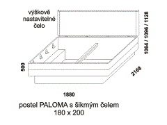 Postel Paloma z masivu - rozměrový nákres. Čelo šikmé. Provedení: dub nature. Více barevných odstínů. Česká výroba.