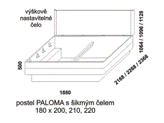 Postel Paloma z masivu - rozměrový nákres. Šikmé čelo. Provedení: masivní buk, dub. Více barevných odstínů. Česká výroba.