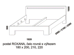 Dvoupostel Roxana z masivu - rozměrový nákres. Čelo rovné s výřezem. Provedení: masivní dub. Více barevných odstínů. Český výrobek. Vysoká kvalita. 