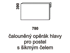 Čalouněný opěrák hlavy - rozměrový nákres, určený pro postel s šikmým čelem. Více barevných odstínů opěráku. Česká výroba. 