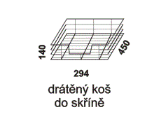 Drátěný koš do skříně - rozměrový nákres. Drátěný koš je celokovový a je opatřen kvalitními pojezdy s plnovýsuvy. Povrchová úprava: lesklý chrom. 