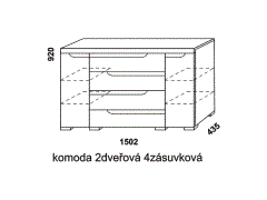 Komoda 2-dveřová 4-zásuvková - rozměrový nákres. Masivní komoda. Více barevných odstínů. Praktická kombinace zásuvek a policových částí. Český výrobek. 