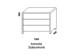 Komoda 3-zásuvková - rozměrový nákres. Masivní komoda. Více barevných odstínů. Povrchová úprava: olej nebo lak. Kvalitní konstrukce. Český výrobek. 