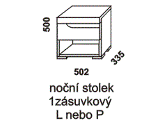 Noční stolek 1-zásuvkový - rozměrový nákres. Masivní provedení. Více barevných odstínů. Zásuvka má vyfrézovaný úchyt pro snadnější otevírání. 