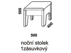 Noční stolek 1-zásuvkový - rozměrový nákres. Zásuvka je opatřena kvalitními pojezdy PUSH systém s plnovýsuvy a tlumeným dojezdem. Masivní provedení. 