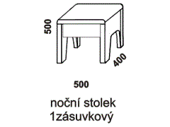 Noční stolek 1-zásuvkový - rozměrový nákres. Zásuvka je opatřena kvalitními pojezdy PUSH systém s plnovýsuvy a tlumeným dojezdem. Masivní provedení.