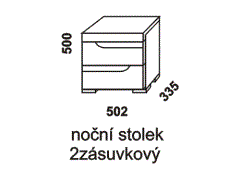 Noční stolek 2zásuvkový – rozměrový nákres. Masivní provedení. Více barevných odstínů. Zásuvky mají vyfrézované úchyty pro snadnější otevírání.