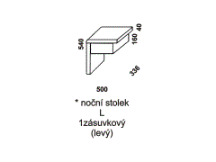 Noční stolek l jednozásuvkový – rozměrový nákres. Varianta levá. Masivní provedení. Více barevných odstínů. Vysoká kvalita. Český výrobek.