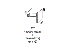 Noční stolek l jednozásuvkový – rozměrový nákres. Varianta pravá. Masivní provedení. Více barevných odstínů. Vysoká kvalita. Český výrobek.