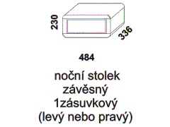 Noční stolek závěsný jednozásuvkový – rozměrový nákres. Provedení: masivní buk, dub. Více barevných odstínů. Povrchová úprava: lak nebo olej. Český výrobek.