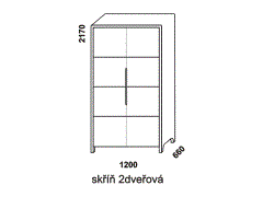Skříň 2-dveřová z masivu - rozměrový nákres. Vhodná do ložnice. Více barevných odstínů. Skříň je rozdělená na policovou a šatní část. 