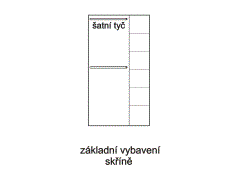 Základní vybavení skříně – rozměrový nákres. Vnitřek skříně je rozdělen do 2 částí, jedna je vybavena 2 šatními tyčemi, druhá policemi. Česká kvalita.