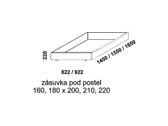 Zásuvka pod postel z masivu – rozměrový nákres. Zásuvka je na kolečkách a je výsuvná z boku postele. Vysoká kvalita. Provedení: masivní buk.