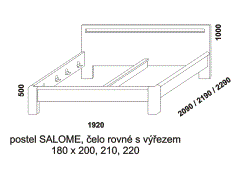 Dvoupostel Salome z masivu – rozměrový nákres. Čelo rovné s výřezem. Provedení: masivní dub. Více barevných odstínů. Český výrobek. Vysoká kvalita.