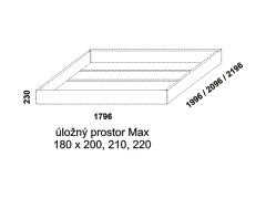 Úložný prostor Max Salome – rozměrový nákres. Provedení: masivní dub. Do lůžka doporučujeme použít rošt s odklápěním. Český výrobek.
