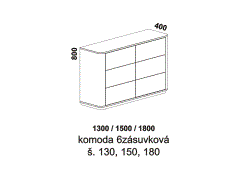 Komoda Karen 6zásuvková – rozměrový nákres. Více barevných odstínů. Česká kvalitní výroba. Bezúchytkový systém.