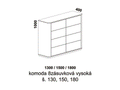 Komoda Karen 8zásuvková, vysoká – rozměrový nákres. Více barevných odstínů. Česká kvalitní výroba. Bezúchytkový systém.