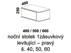 Noční stolek Karen 1zásuvkový, levitující – rozměrový nákres. Varianta pravá – vpravo od postele. Více barevných odstínů. Bezúchytkový systém.