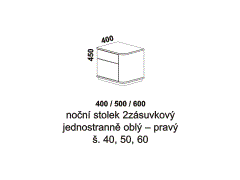 Noční stolek Karen 2zásuvkový, jednostranně oblý – rozměrový nákres. Varianta pravá – vpravo od postele. Více barevných odstínů. Bezúchytkový systém.