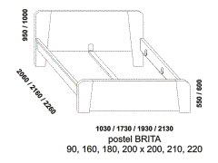 Postel Brita z masivu – rozměrový nákres. Provedení: masivní buk. Český výrobek. Vysoká kvalita. Zkosené nohy. Zvýšené přední čelo.