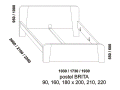 Postel Brita z masivu – rozměrový nákres. Provedení: masivní dub. Český výrobek. Vysoká kvalita. Zkosené nohy. Zvýšené přední čelo.