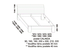 Postel Calinda z masivu – rozměrový nákres. Provedení: masivní buk. Český výrobek. Vysoká kvalita. Zaoblené zadní čelo.
