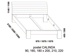 Postel Calinda z masivu – rozměrový nákres. Provedení: masivní dub. Český výrobek. Vysoká kvalita. Zaoblené zadní čelo.