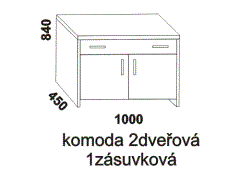 Komoda Diana 2dveřová 1zásuvková – rozměrový nákres. Vhodná do ložnice. Provedení: masivní buk, dub. Český výrobek. Kvalitní konstrukce.