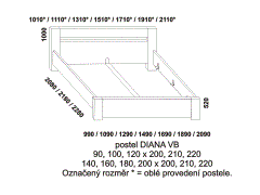 Postel Diana, vysoké bočnice – rozměrový nákres. Provedení: masivní buk. Český výrobek. Výřez v zadním čele. Vysoká kvalita.