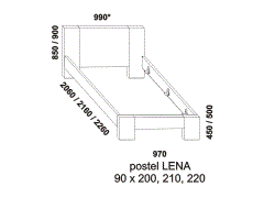 Jednopostel Lena z masivu – rozměrový nákres. Plné zadní čelo. Provedení: masivní dub. Kvalitní postel. Česká výroba.