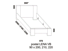 Jednopostel Lena z masivu – rozměrový nákres. Plné zadní čelo. Vysoké bočnice. Provedení: masivní dub. Kvalitní postel. Česká výroba.