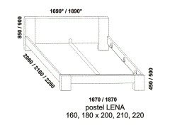 Postel Lena z masivu – rozměrový nákres. Plné zadní čelo. Provedení: masivní dub. Kvalitní postel. Česká výroba.