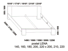 Postel Lena z masivu – rozměrový nákres. Plné zadní čelo. Provedení: masivní buk. Kvalitní postel. Česká výroba.