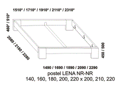 Postel Lena z masivu – rozměrový nákres. Nízká čela. Provedení: masivní buk. Více barevných odstínů. Kvalitní postel. Česká výroba.