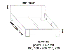 Postel Lena z masivu – rozměrový nákres. Plné zadní čelo. Vysoké bočnice. Provedení: masivní dub. Kvalitní postel. Česká výroba.