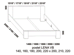 Postel Lena z masivu – rozměrový nákres. Plné zadní čelo. Vysoké bočnice. Provedení: masivní buk. Více barevných odstínů. Kvalitní postel. Česká výroba.