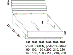 Postel Loren z masivu – rozměrový nákres. Podnoží postele – ližina. Kvalitní postel. Povrchová úprava: olej nebo lak. Více barevných odstínů. Česká výroba.
