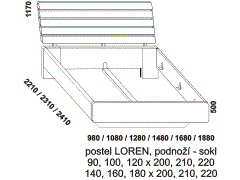 Postel Loren z masivu – rozměrový nákres. Podnoží postele – sokl. Kvalitní postel. Povrchová úprava: olej nebo lak. Více barevných odstínů. Česká výroba.